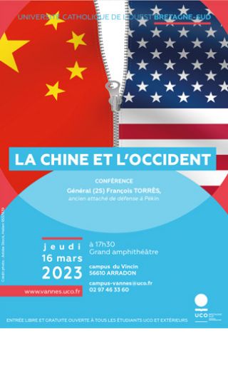 Affiche conférence(drapeaux chinois et américain séparés par fermeture éclair)