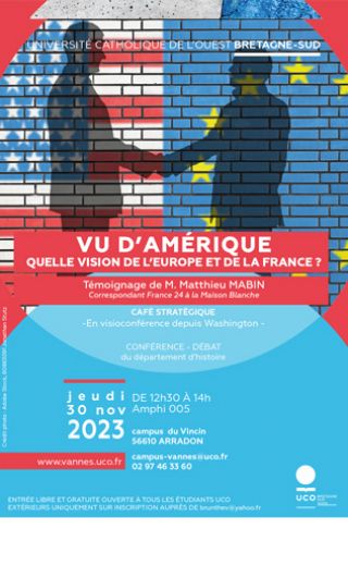 Affiche conférence : 2 silhouettes devant drapeaux US et Europe