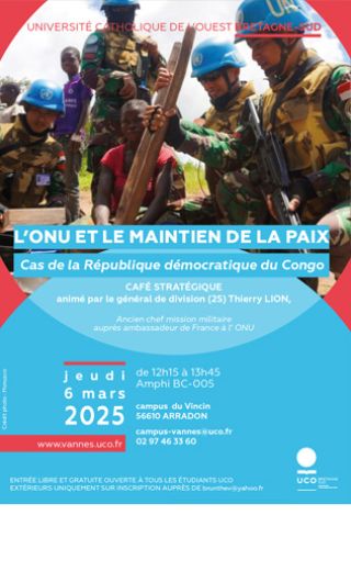 Affiche conférence : casques bleus aident femme africaine